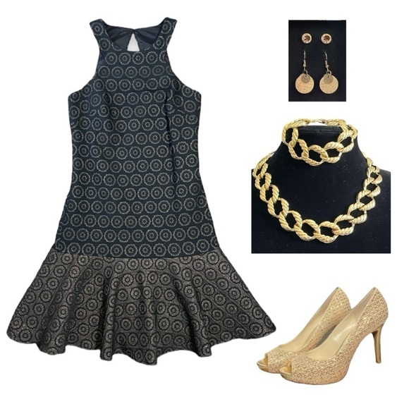 NWT Trina Turk Black Bronze Metallic Ruffled Hem Dress sz 0 - Picture 10 of 12